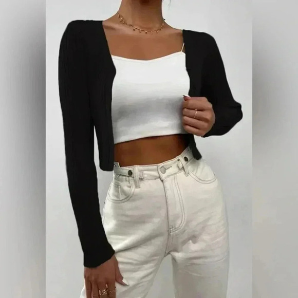 Jessica Howard Evenings Black Open Front Black Cropped Cardigan Sweater - Picture 2 of 8